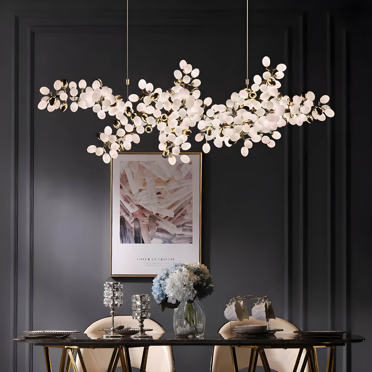 Large floral-form chandelier, polished chrome & aluminium