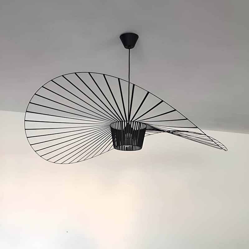 Pendant light with elastic-string ring canopy, iron frame