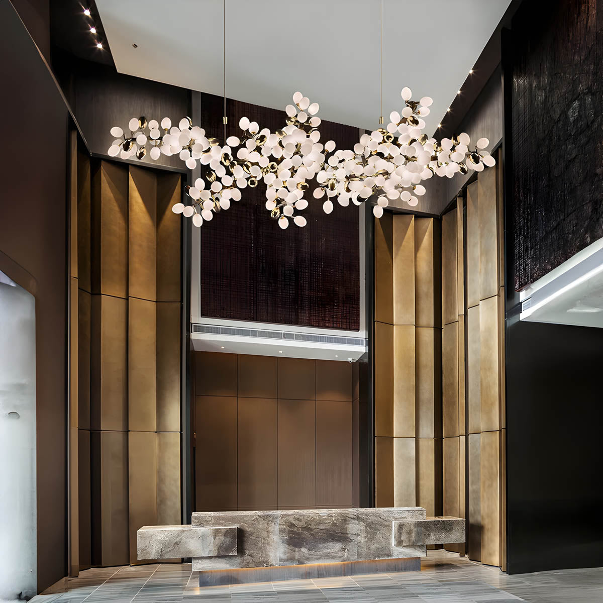 Large floral-form chandelier, polished chrome & aluminium