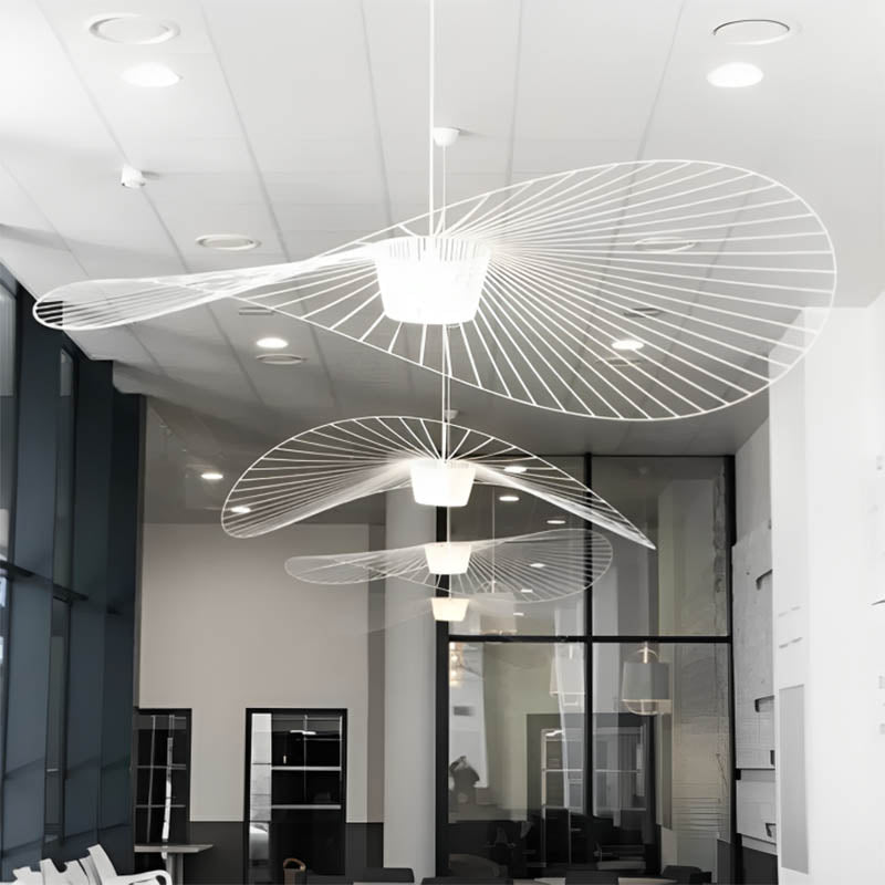 Pendant light with elastic-string ring canopy, iron frame